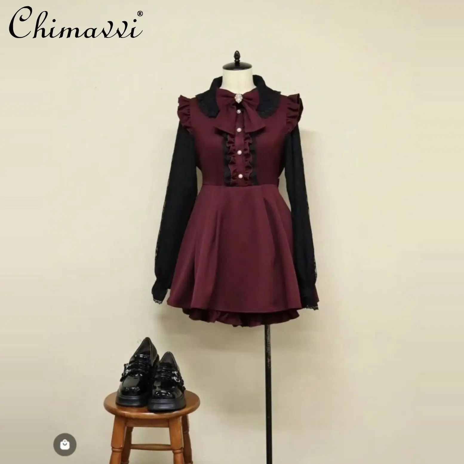 Ensemble deux pièces Lolita pour filles japonaises, robe mince à gros nœud, haut et short, épissage en dentelle, bord champignon, mignon