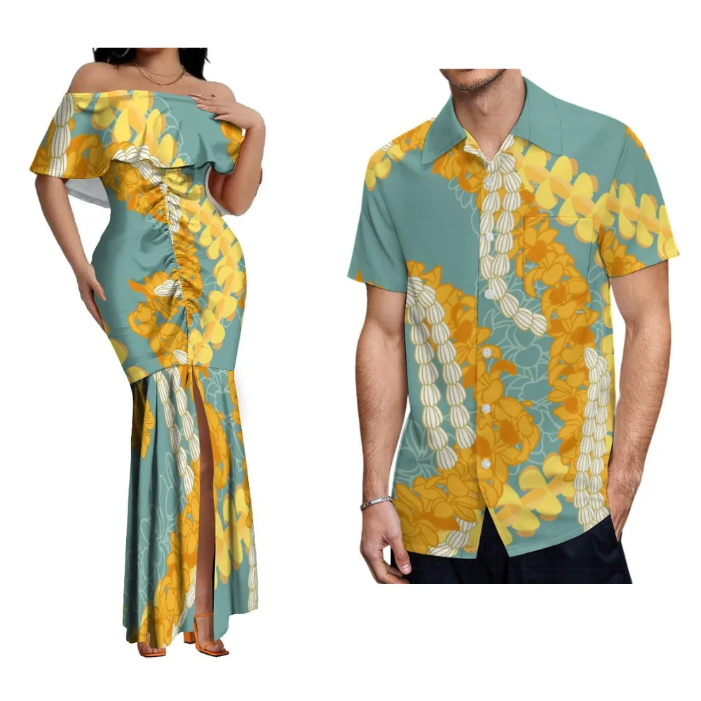 Women'S Slim Dress Lotus Leaf Shoulder Elegant Design Temperament Slit Skirt Custom Polynesian Couple Suit Men'S Shirt