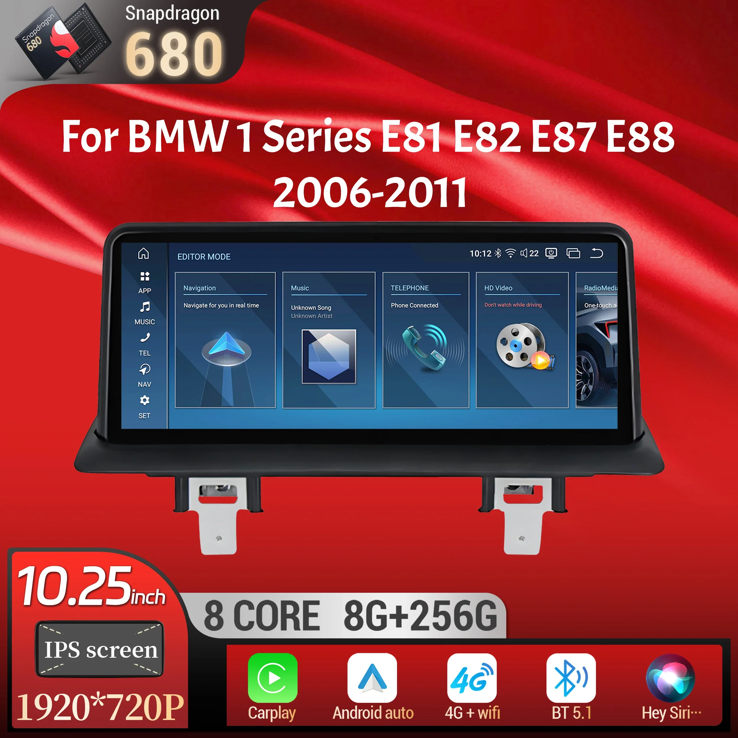 10.25인치 안드로이드 13 BMW 1 시리즈 E81 E82 E87 E88 2006-2011용 카 라디오 무선 블루투스 카플레이 헤드 유닛 스냅드래곤 680 스크린