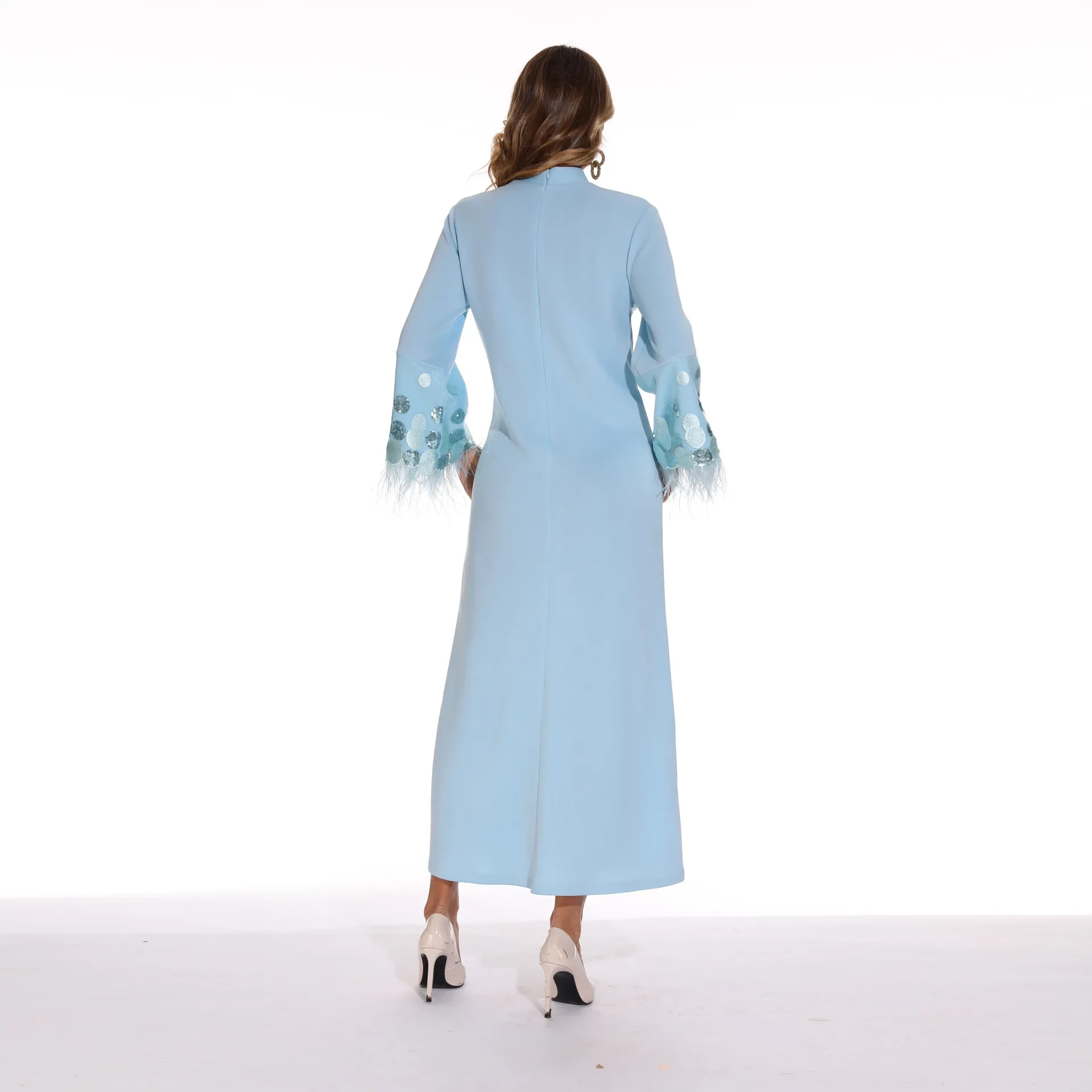 Robe musulmane longue à paillettes pour femmes, col rond, manches en plumes, moyen-orient, arabe, national, élégant, solide, nouveau, 2022