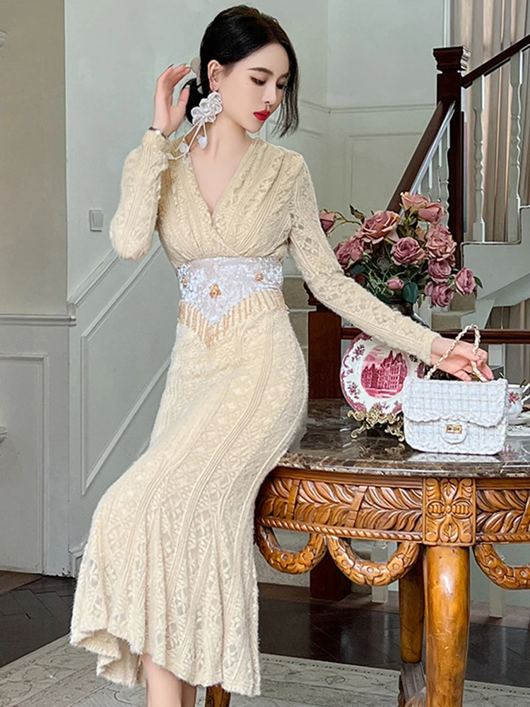 French Elegant Prom Dresses Woman Noble Chic Lace Pearl Flower Tassel Folds Wrap Hip Fishtail Robe Female Party Banquet Vestidos