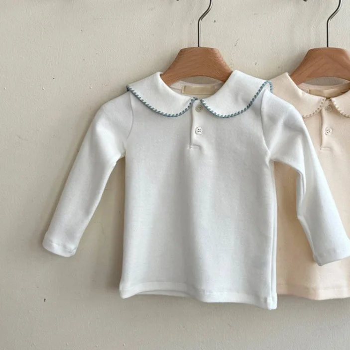 2024 Autumn New Baby Long Sleeve T Shirts Infant Girl Lapel Blouse Toddler Boy Solid Tops Baby Shirts Kids Bottoming Clothes