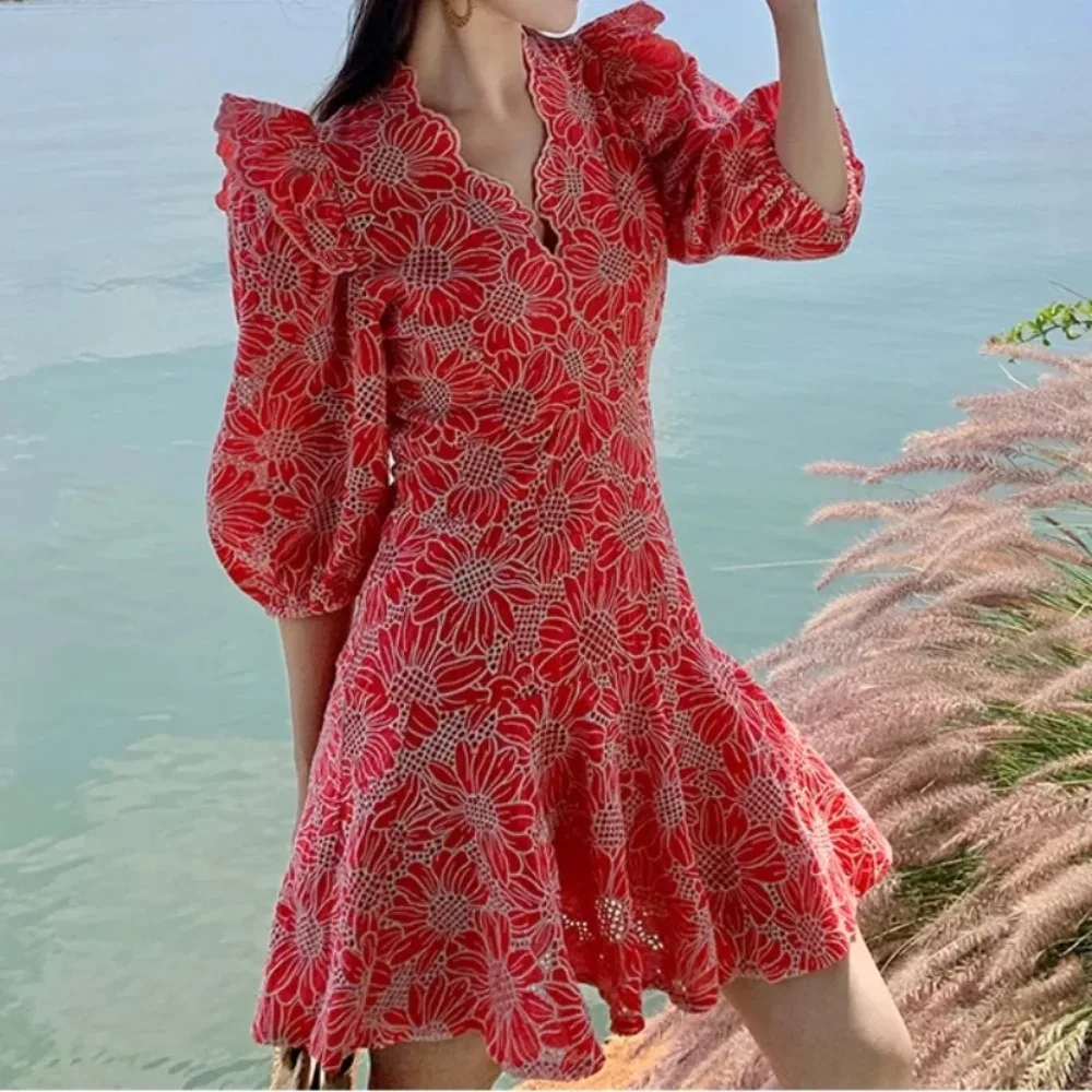 Retro V Neck Lantern Short Sleeves Embroidered Print Elegant Summer Slim Dresses A-line French Vacation Print Women Clothing