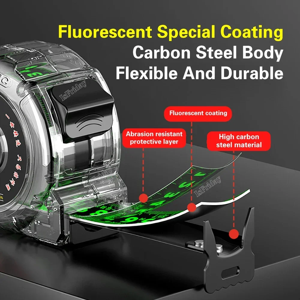 두꺼운 투명 목공 눈금자 고탄소강 계량기 게이지 거리 측정 테이프, 형광 줄자, 5/7.5 m, 10m
