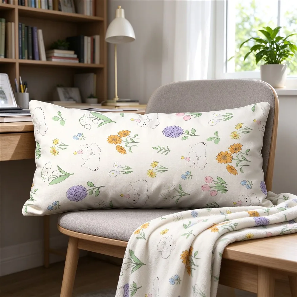 White Yellow Sunny Ditsy Print Long Pillow Cover, Bright Style, Study Decorative, Polyester, Throw Pillow, Quick Dry, Chic