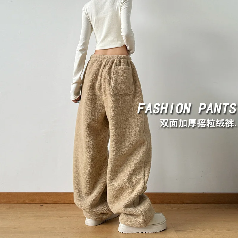 Women's Fleece Lined Thickened Loose Winter Pants Straight Leg Cotton Trousers Comfortable Warm Large Size Khaki American Style
