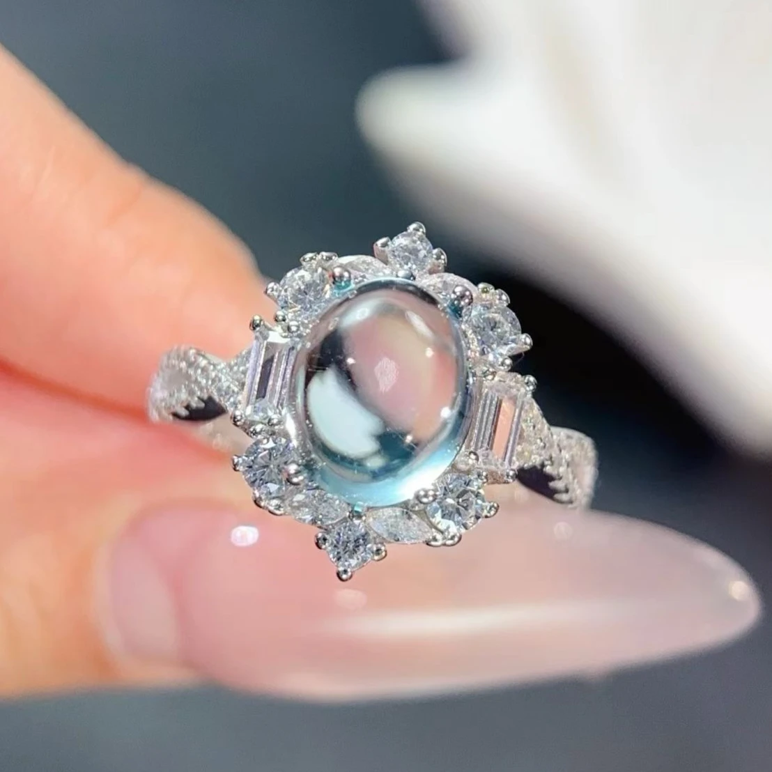 Natural Sky Blue Topaz Ring 925 Silver Oval Cabochon Gemstone Halo CZ Ring Women Luxury Fashion Jewelry