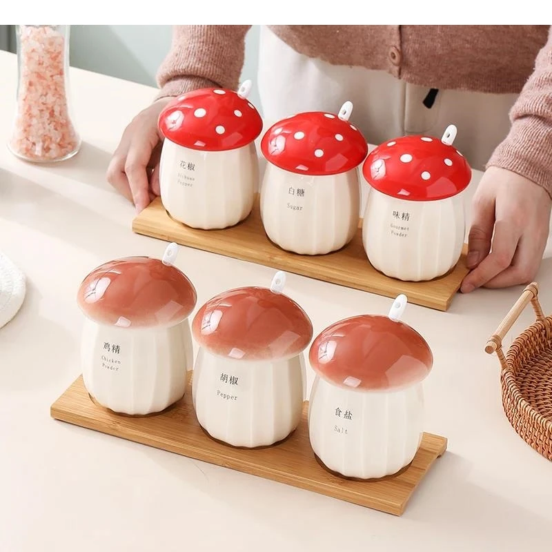 Cute Mushroom Shape Spice Jar Set Ceramic Three-piece Salt Sugar Pepper Storage Home Kitchen Decoration Seasoning