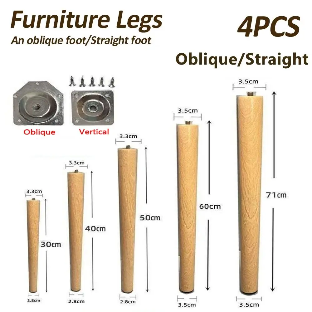 4Pcs 30-60cm Solid Wood Furniture Legs DIY Oblique/Vertical Style Chair Desk Legs Replacement with Mounting Plates and Screw