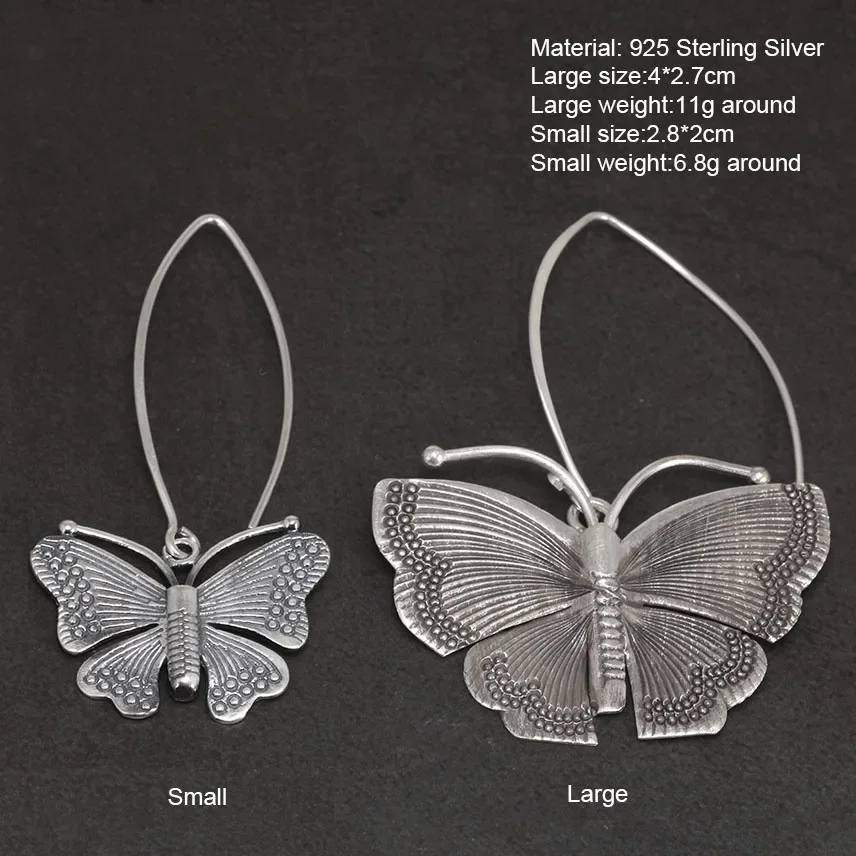 Pendientes de gota de mariposa grandes exagerados para mujer, Plata de Ley 100% 925 pura auténtica, Estilo Vintage hecho a mano