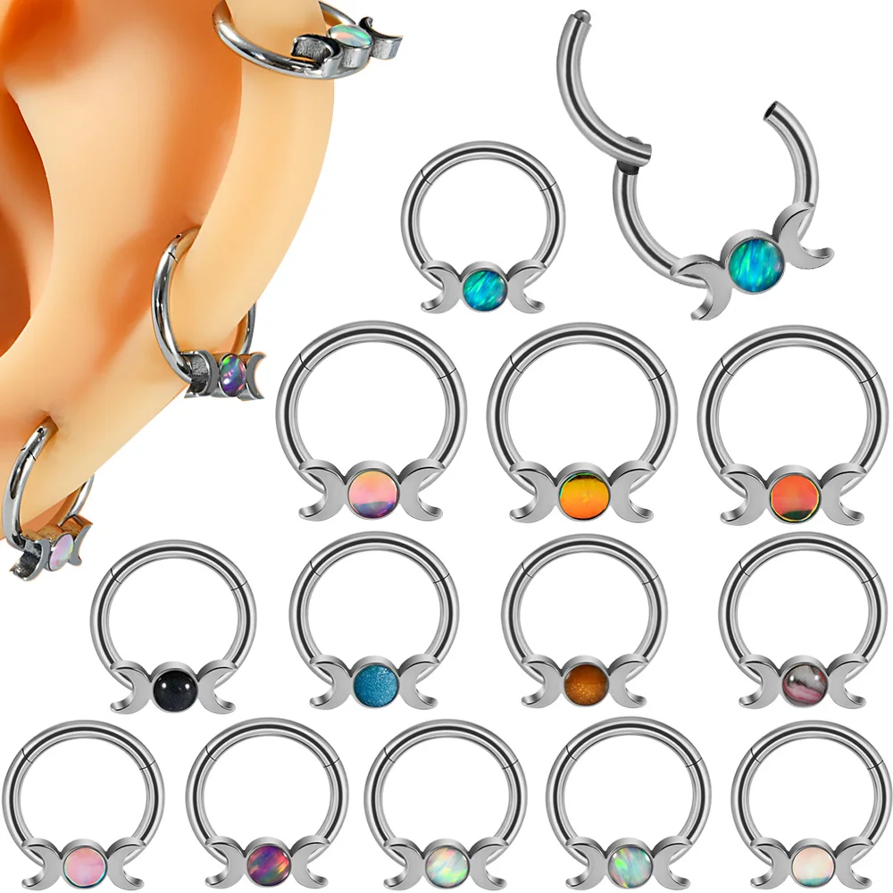 1PC Stainless Steel Double Moon Opal Flash Film Stone Nose Septum Clicker Ear Cartilage Cuff Helix Body Piercing Jewelry 16G