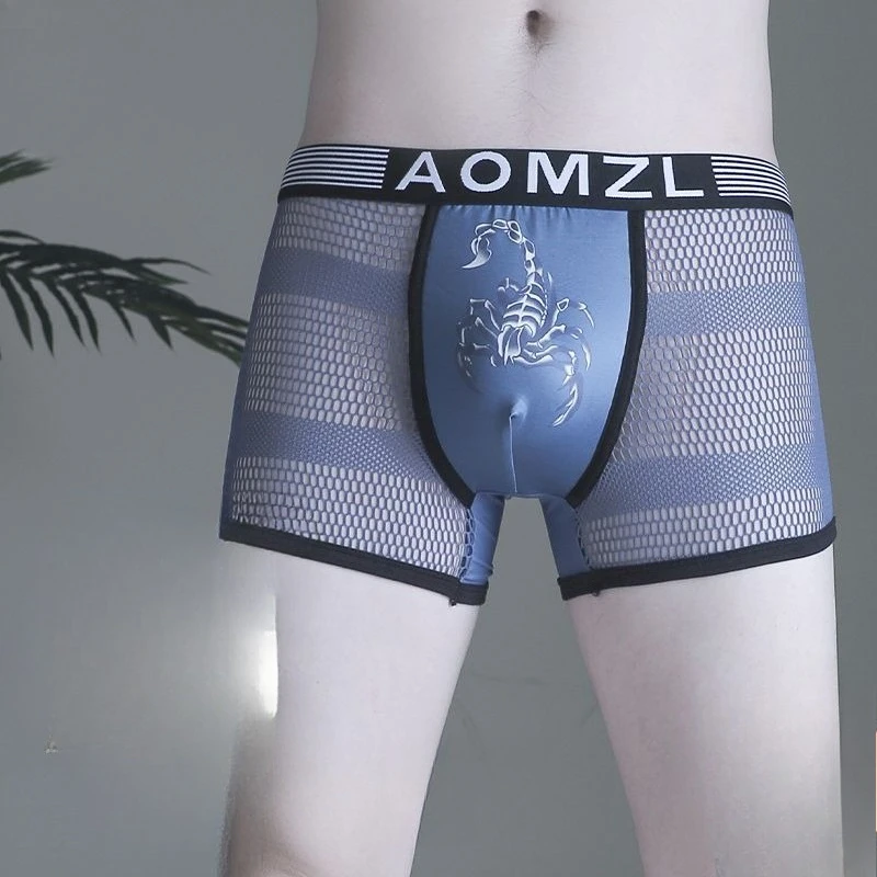 3Pcs Men Panties Ice Silk Thin Mesh Boxers Shorts Breathable Sexy Hollow Out Patchwork Mens Underwear See-through Boxer