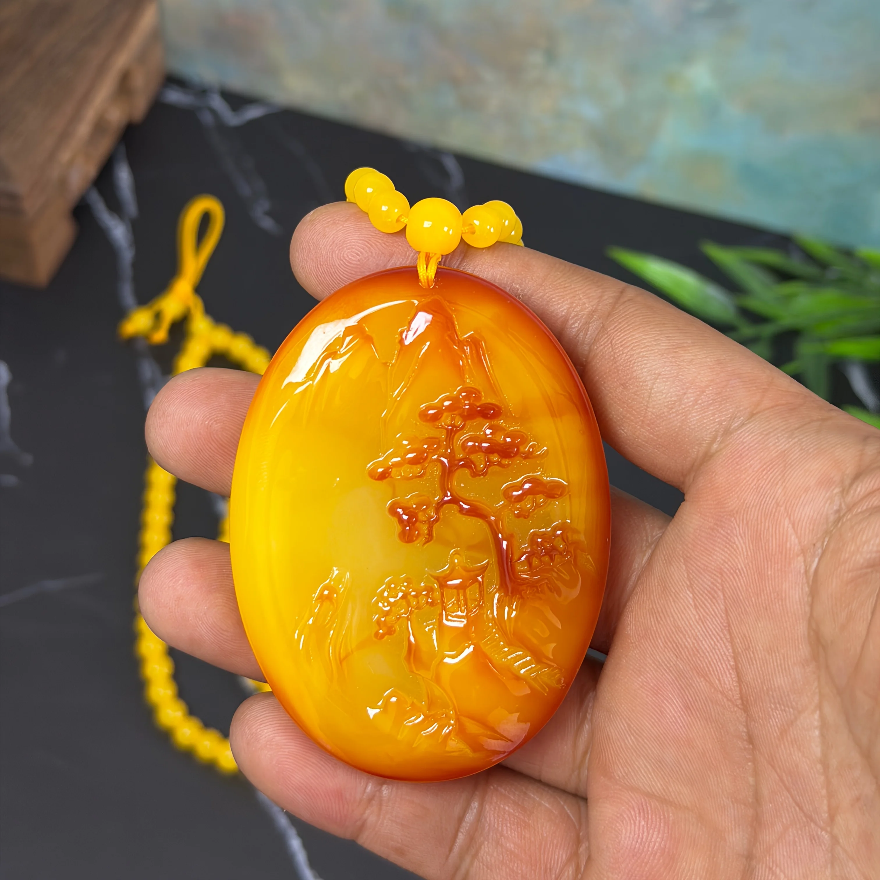 Welcome pine oval pendant yellow beeswax matte landscape necklace