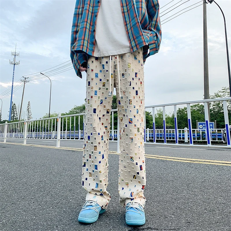 Pop Cotton Casual Pants Men Fashion Colored Plaid Pants Men Streetwear Hip-hop Loose Hollow Out Pants Mens Hole Trousers M-3XL