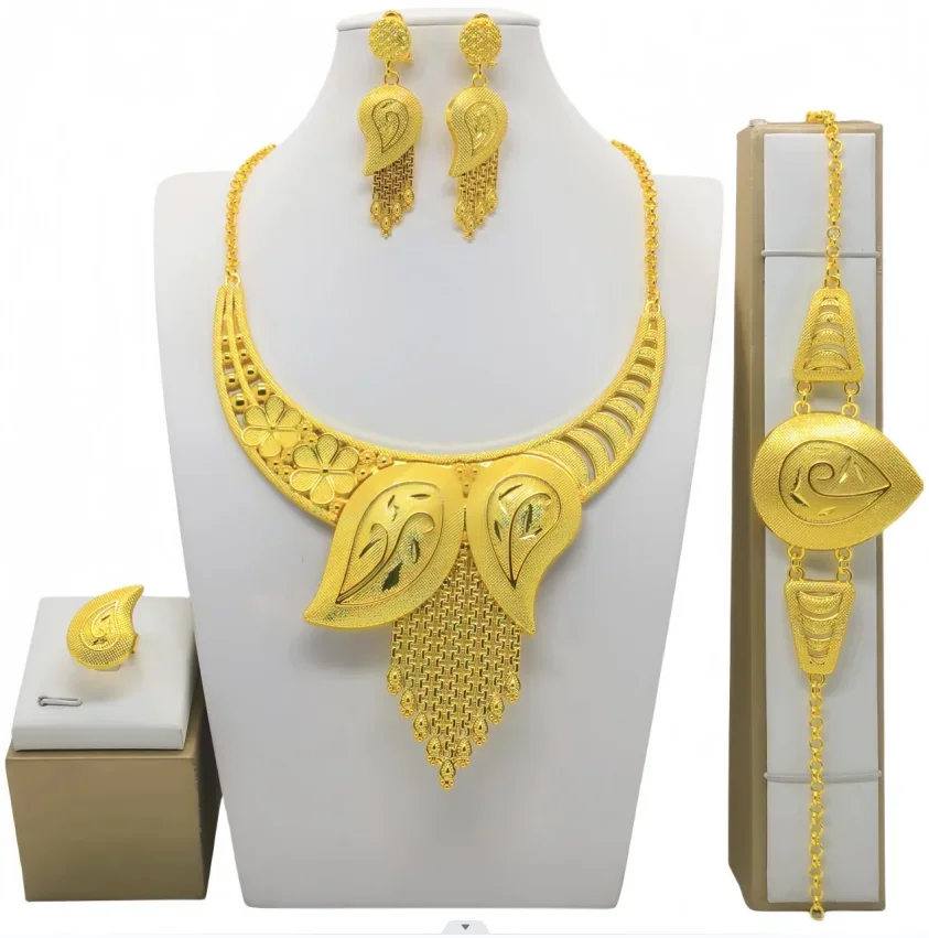 

Fashion Tassel Long Chain Jewelry Set African Dubai Gold Color Flower Necklace Earings Bracelet Ring Sets For Women Party Gifts