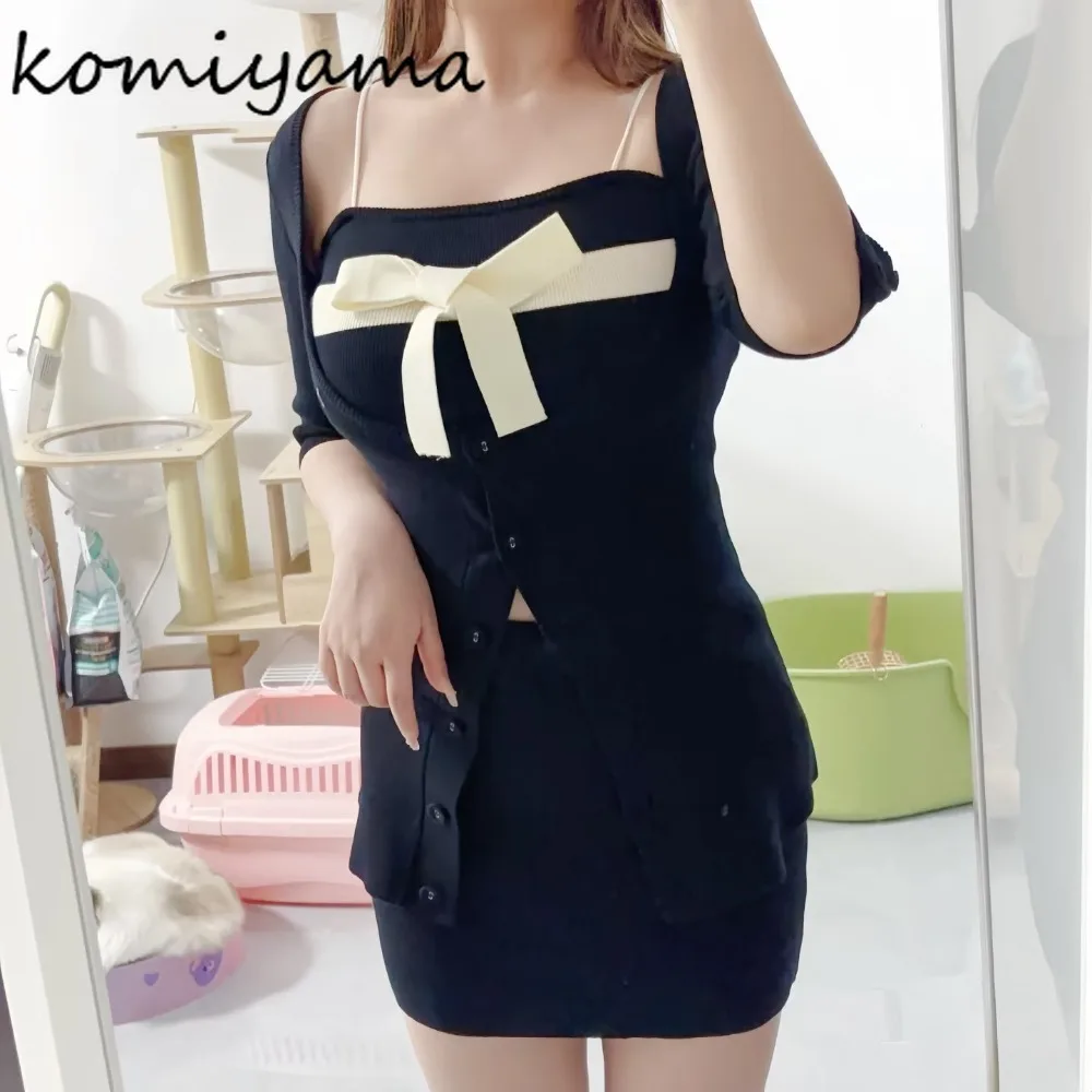 

Japan Elegant Suit Single Breasted Knit Cardigan Bow Strap Camis High Waist Straight A-line Skirt Woman 2025 New Gentle Sets