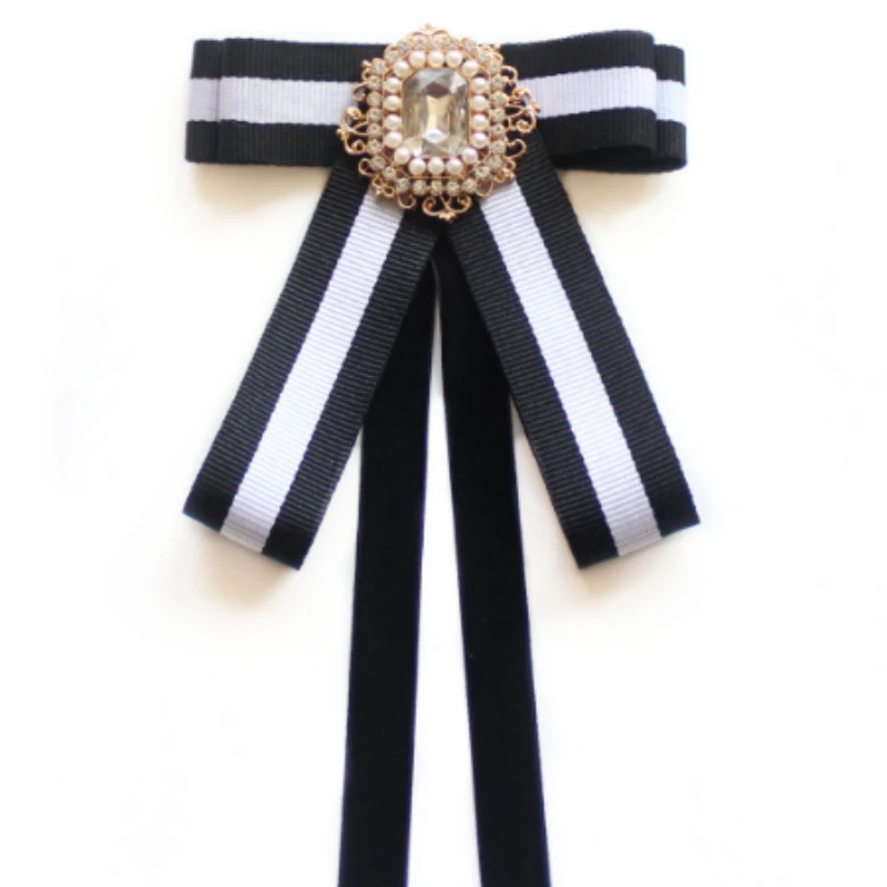 

Korean Version Bow Brooch with Advanced College Style Black Stripe Bow Tie JK Collar Flower Female Professional Accessory