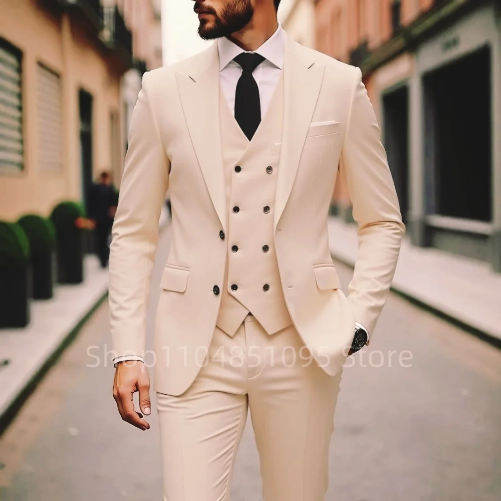 솔리드 컬러 남성 비즈니스 턱시도 슬림핏 웨딩 신랑 들러리 패션 라펠 피크 턱시도 댄스 파티용
