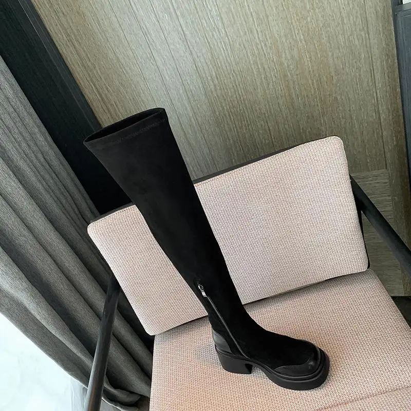 Krazing Pot Cow Leather Flock Round Toe Thick High Heels Platform Boots Winter Keep Warm Elastic Waterproof Over-the-knee Boots