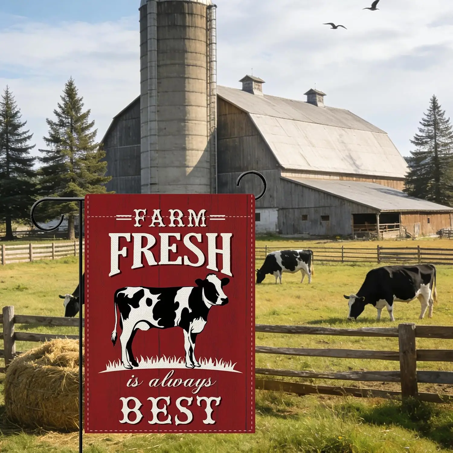 Dyrenson Farm Fresh is Always Best Cow Decorative Garden Flag, Red Farmhouse Animal Barn Yard Outside Home Decoration, Rusti PPM