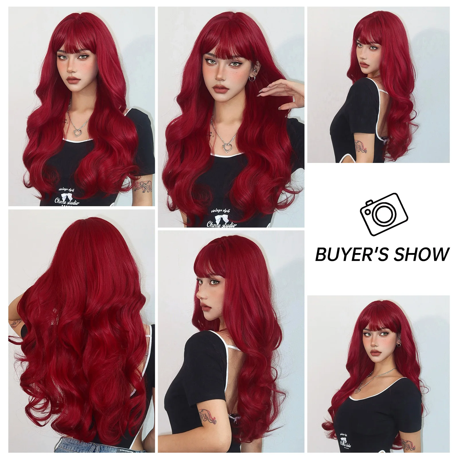 EASIHAIR Red Long Curly Synthetic Wigs Body Wave Natural Hair Wig with Bangs for Women Cosplay Party Fake Hair Heat Resisitant