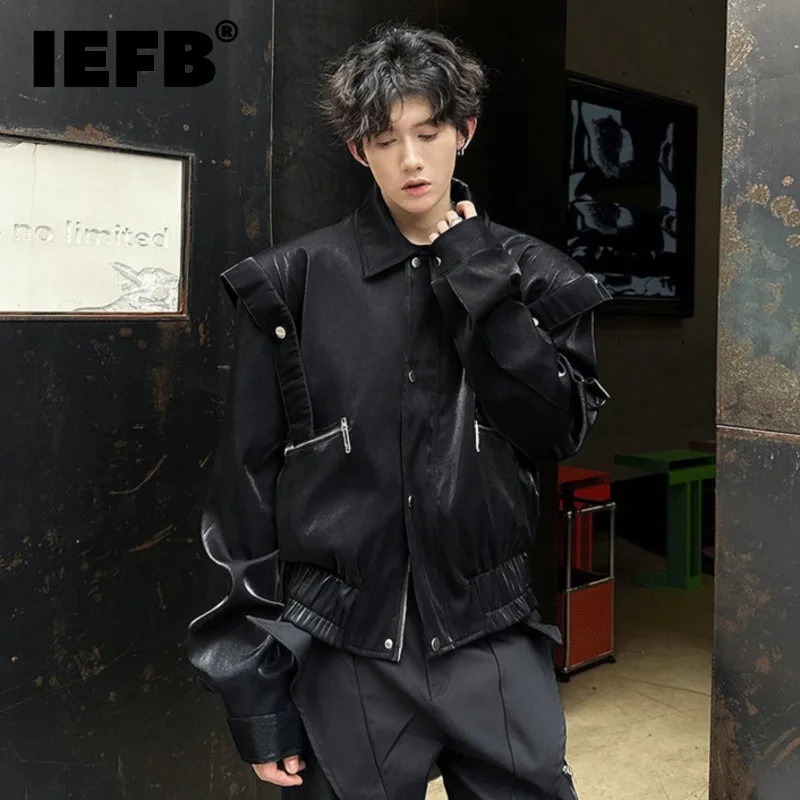 IEFB Black Men\'s Jackets Autumn Winter Liquid Metal Glossy Short Style Ribbon Shoulder Pad Lapel Jacket 2024 New Stylish 9C7191