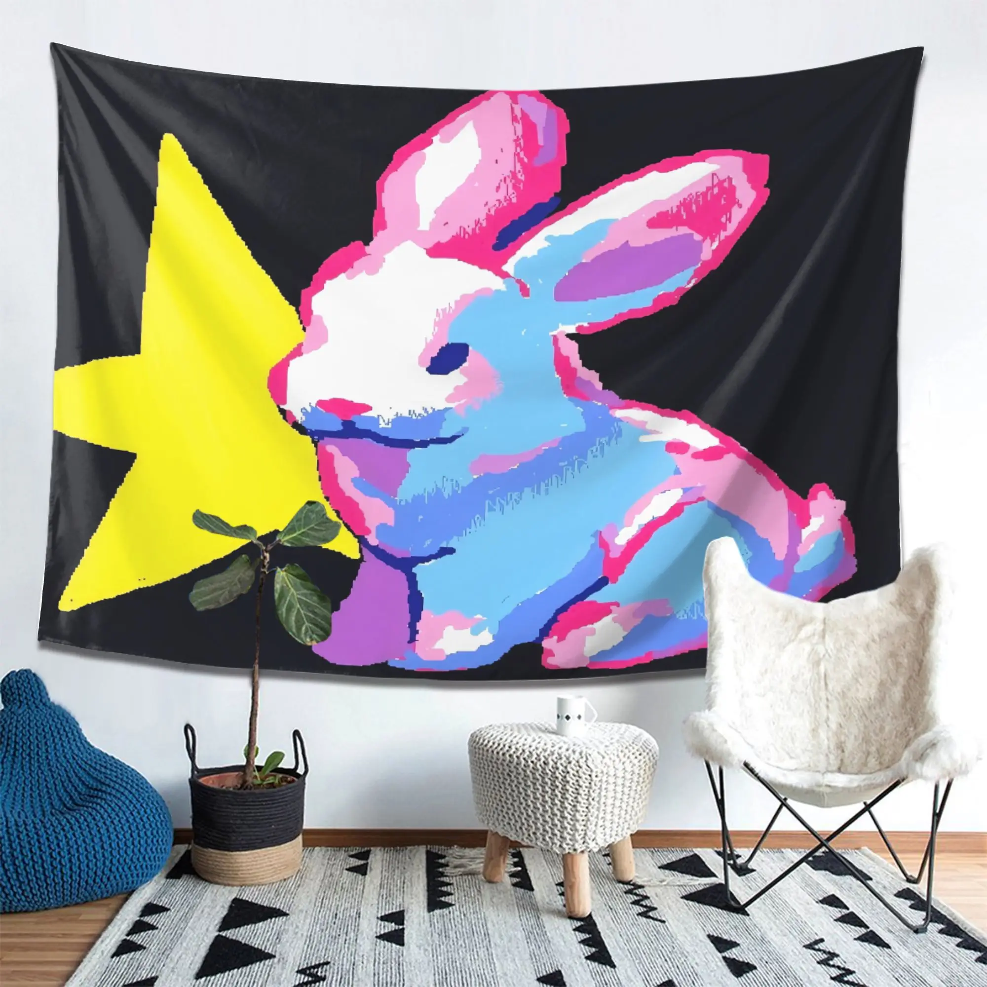 VIKAMA American Retro Neon Rabbit Tapestry Wall Hanging Home Decor for Bedroom Living Room Dorm Pop Contrast Rabbit Star