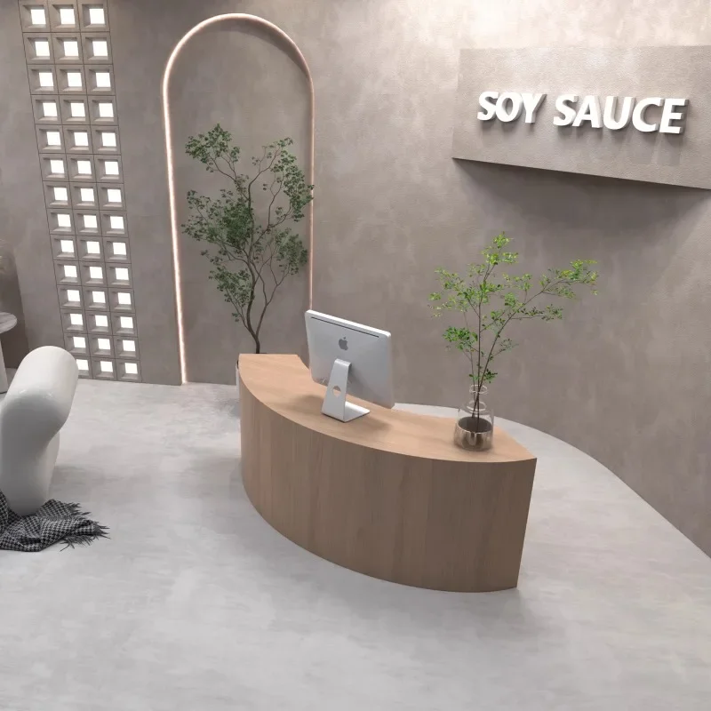 

​​French Wabi-Sabi Natural Oak Curved Reception Desk Compact Beauty Salon Apparel Store Multi-Functional Office Furniture FYRD​​