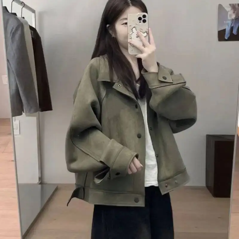 Lente Herfst Dames Motorjas Suède Bovenkleding Amerikaanse Stijl Werkkleding Ontwerp Opstaande Kraag Volledige Mouw Normaal Type