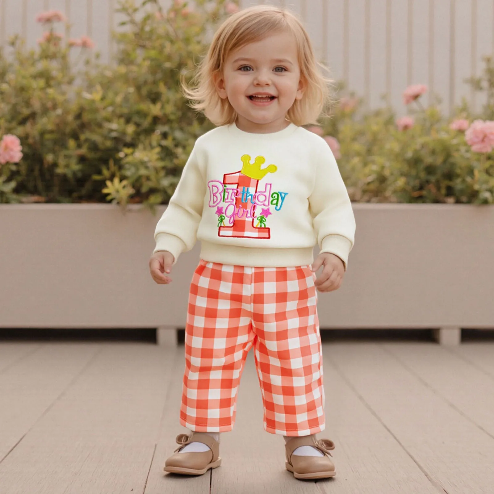 

Baby Clothing Girls Birthday Pants Sets Long Sleeve O Neck Letter Embroidery Tops Plaid Pants Clothes Set