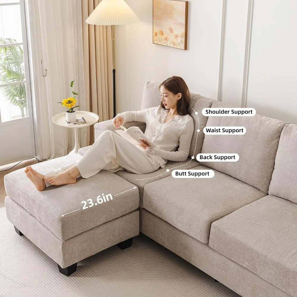 Canapé en forme de L de 85 pouces avec, canapés 3 places avec pouf mobile, canapé sectionnel confortable avec coussin épais, Chenille S