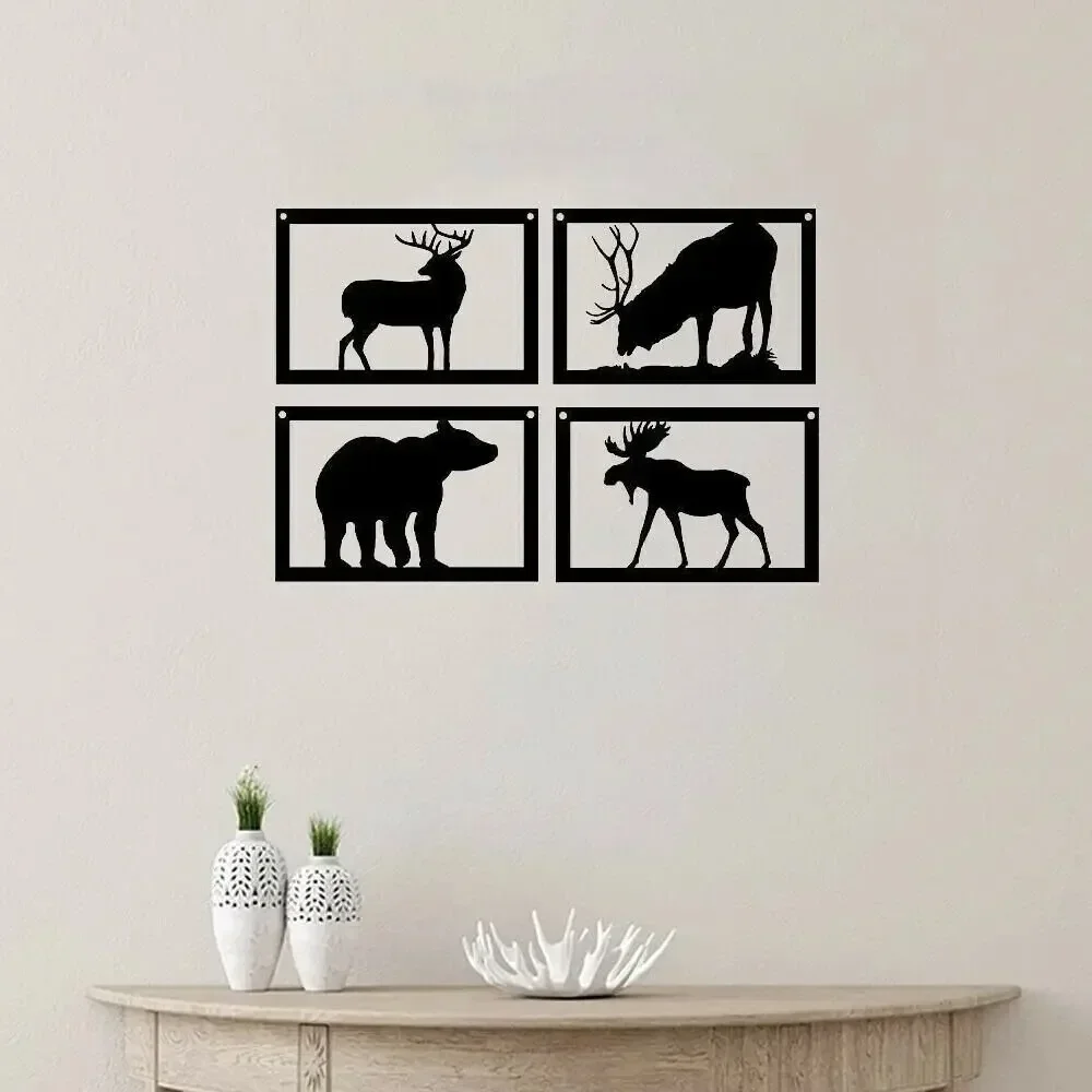 CIFBUY 4-Piece Bear Elk Deer Moose Metal Wall Art Iron Hanging Sculpture Rustic Home Living Room Bedroom Decor Ornament Gift