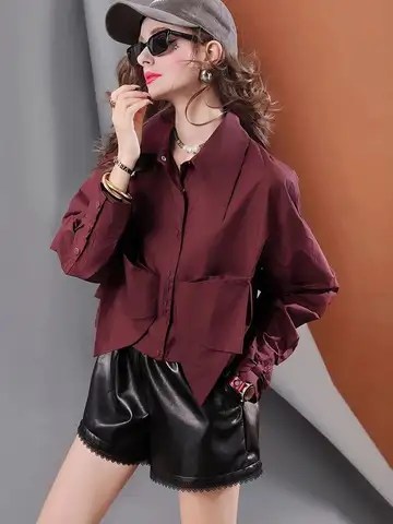 Spring new niche design solid color bow pleated short casual women's shirt for  women