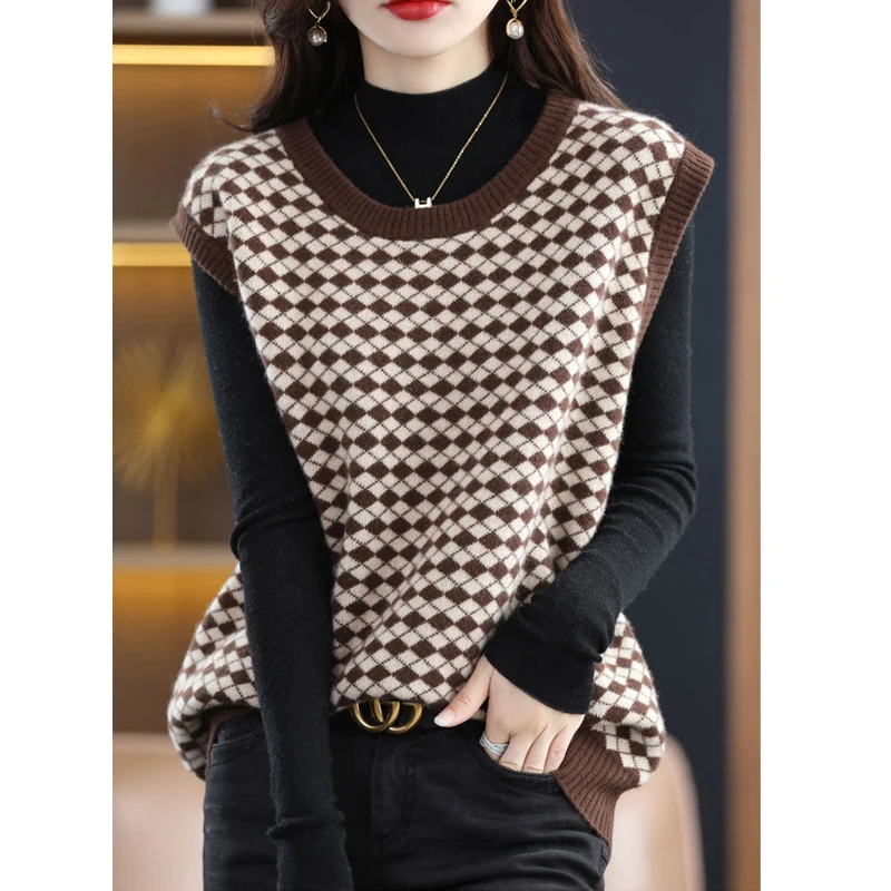 Women Argyle Simple Style All Match Sleeveless Knitted Sweater Vests Female Casual Loose Outerwear Waistcoat Jumper Clothing2023