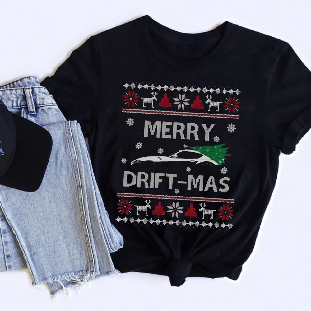عيد الميلاد المحملة مضحك قبيح عيد الميلاد قميص نمط الرنة ندفة الثلج الرسم سيارة حمراء شجرة عيد الميلاد مرح الانجراف-MAS إقتباس التي شيرت