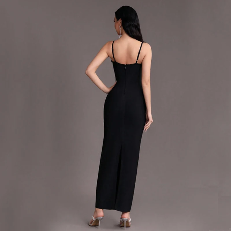 Factory Wholesale Women\'s Black Spaghetti Strap Ruby Deep V-Neck Sexy Celebrity Cocktail Party Bandage Long Dress
