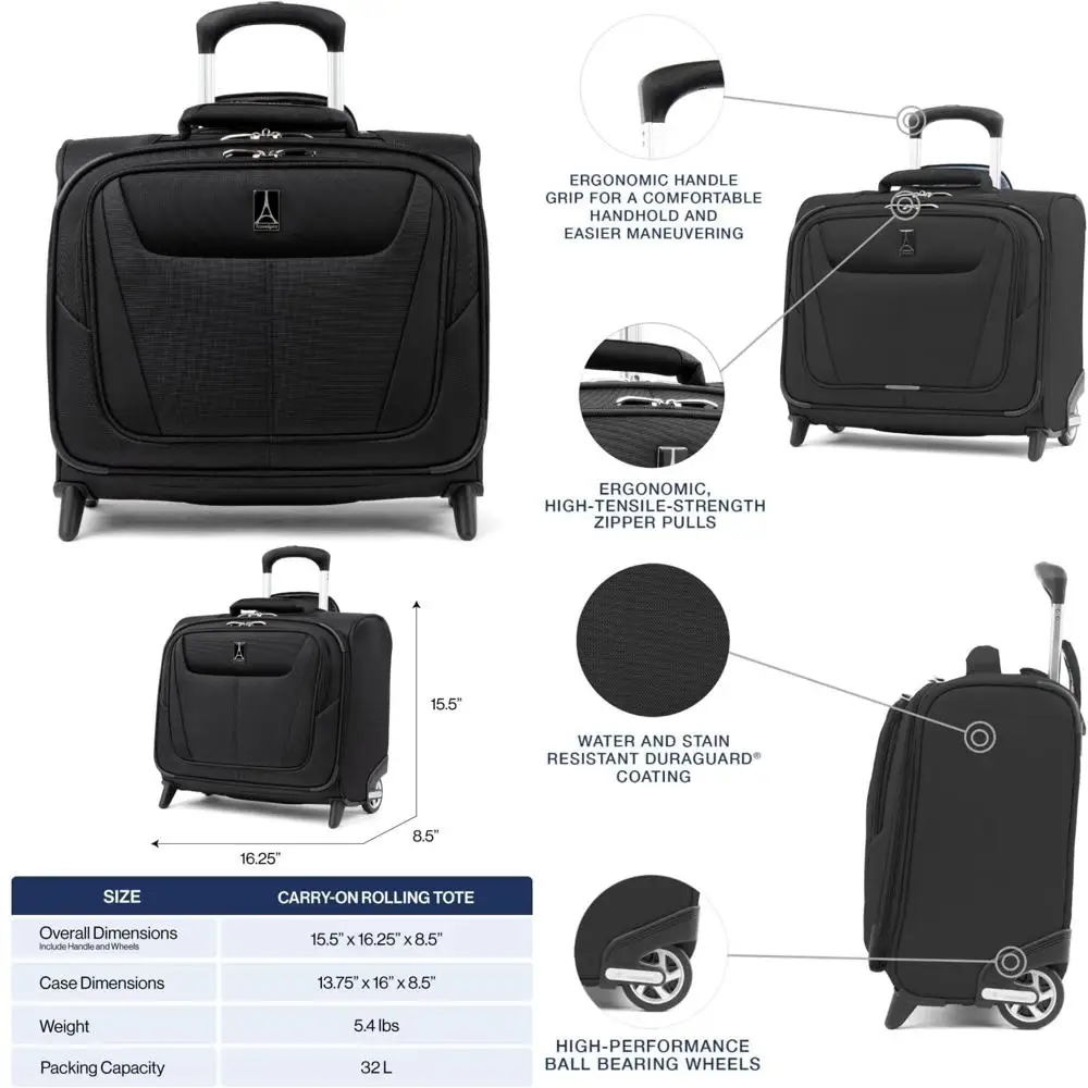 

16-inch lightweight rolling underseat tote bag for men and women, black