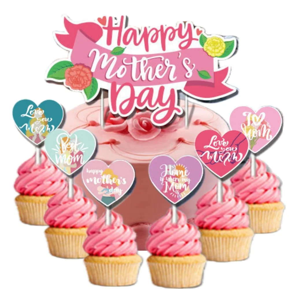 17pcs Happy Mother's Day Cake Toppers Pink Heart CupCake Decoration Mothers Day Gift Birthday Party Cake Dessert Decor Supplies