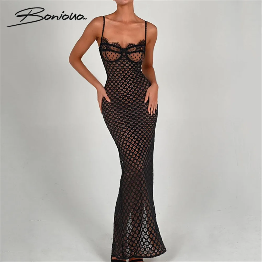 

Boniouo Women Polka Dot Backless Maxi Dress Fashion Sexy Sling Slit Party Dresses Clubwear Female Robe Vestidos Woman Clothes