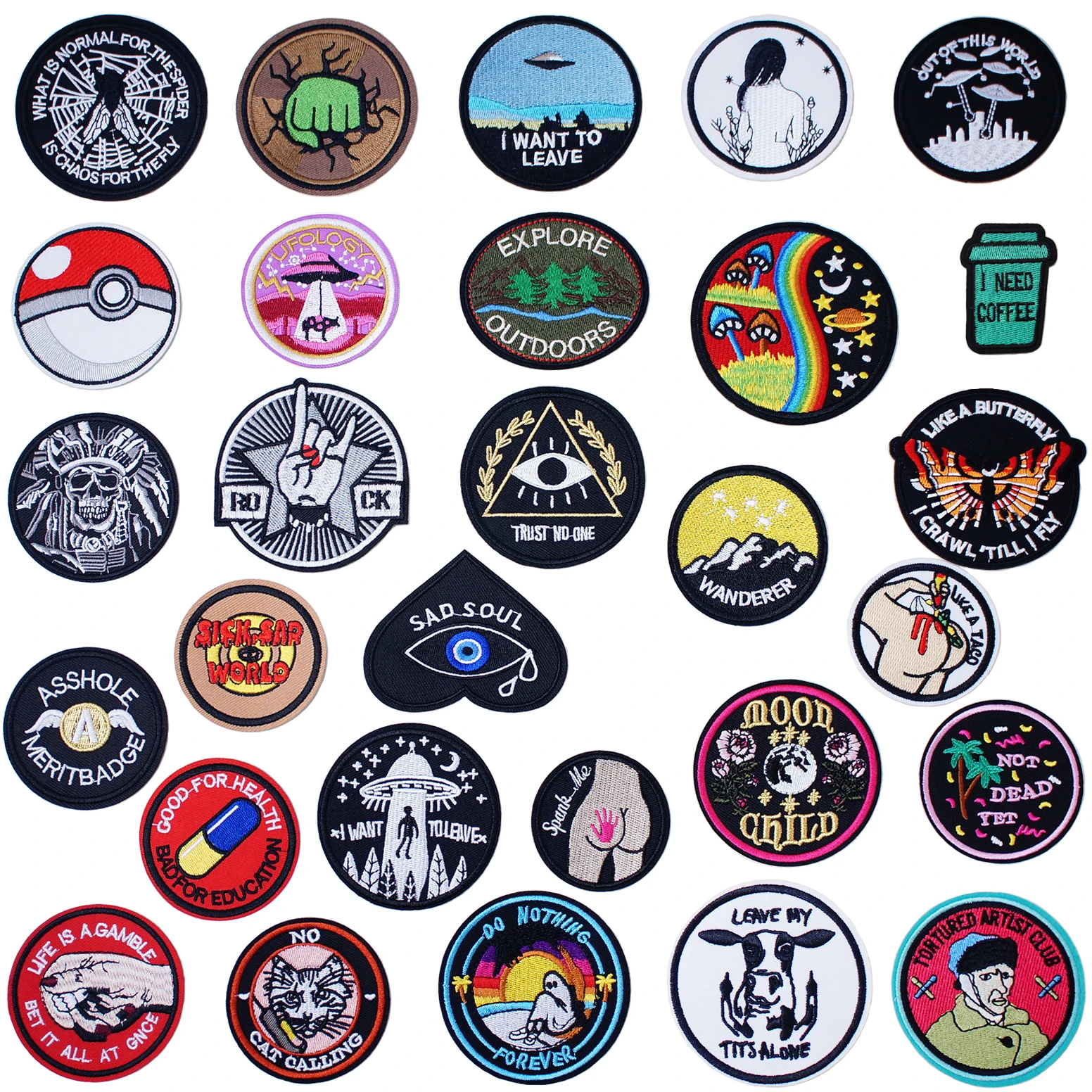 Round Black UFO Alien Eye Iron On Patches Embroidered Applique for Jacket Clothes Stickers Badge DIY Apparel Accessories