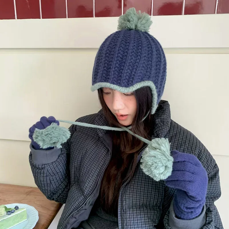

Korean Trend Fashion Knitted Wool Hat Women's Autumn Winter Knitted Hairball Neck Bomber Hat Ear Protector Bag Head Beanie Cap