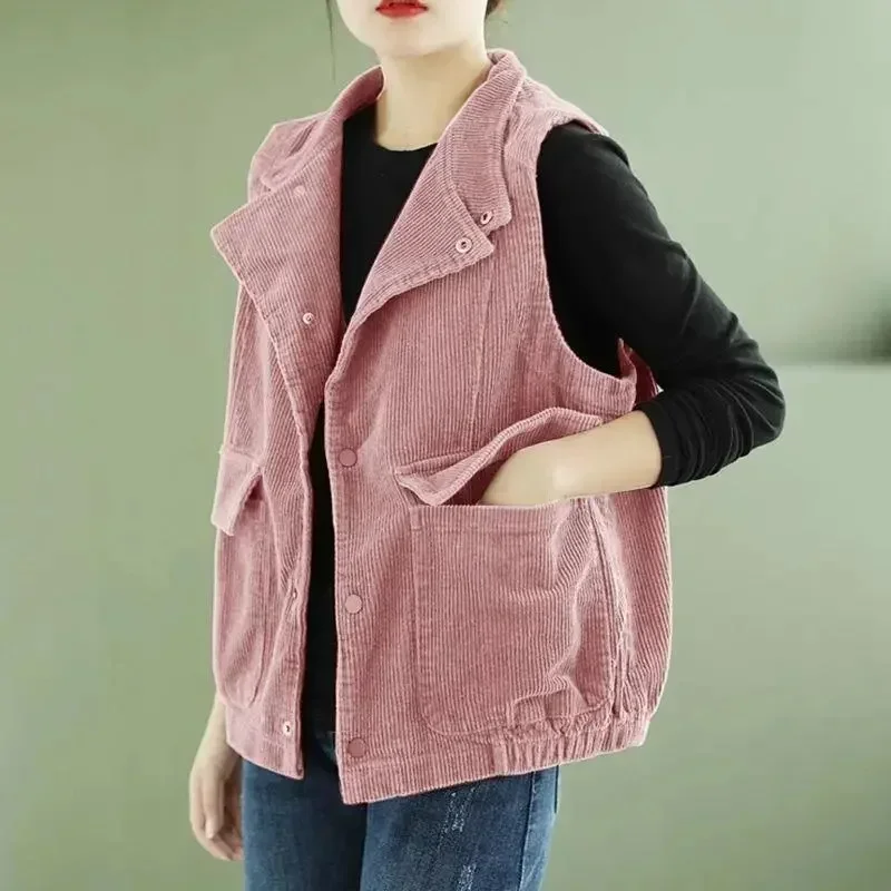 Spring Autumn Female Stand Collar Double-deck Vest Coat Women Corduroy Sleeveless Jacket Ladies Loose Fit Velvet Waistcoat Tops