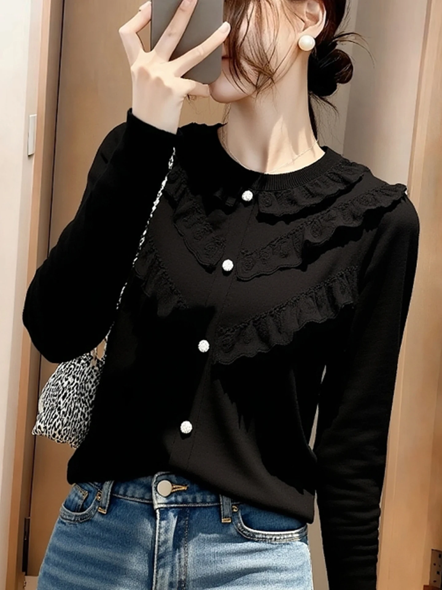 كشكش Sve محبوك سترة الدانتيل المرقعة طويلة Sve ملابس داخلية 2025 شتاء جديد Sle طبقة قاعدة دافئة المرأة Faion #5