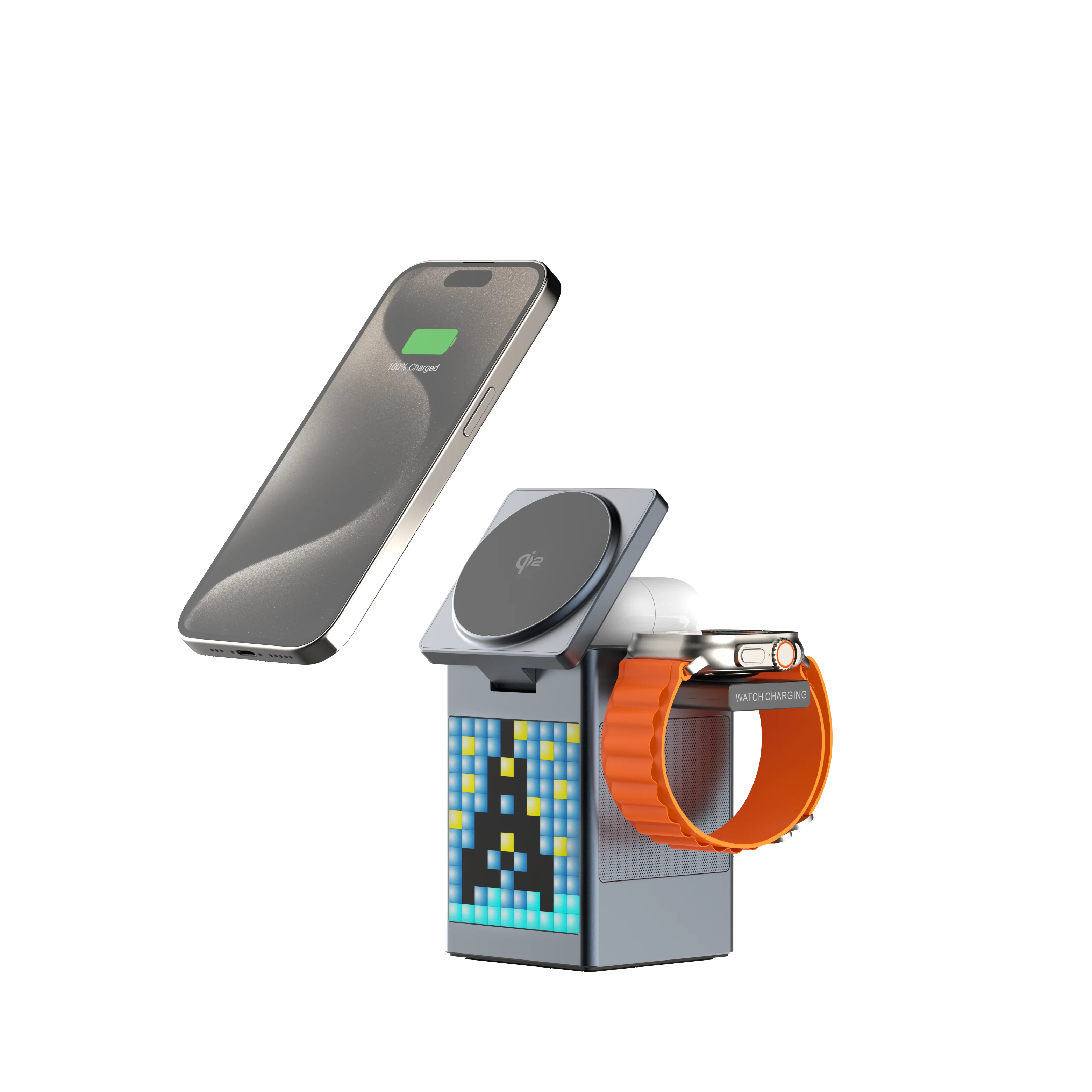 مكبر صوت بلوتوث Qi2 معتمد 6 في 1 محطة شحن لاسلكية لحامل MagSafe Cube متعدد الوظائف بجانب السرير وشاحن المكتب