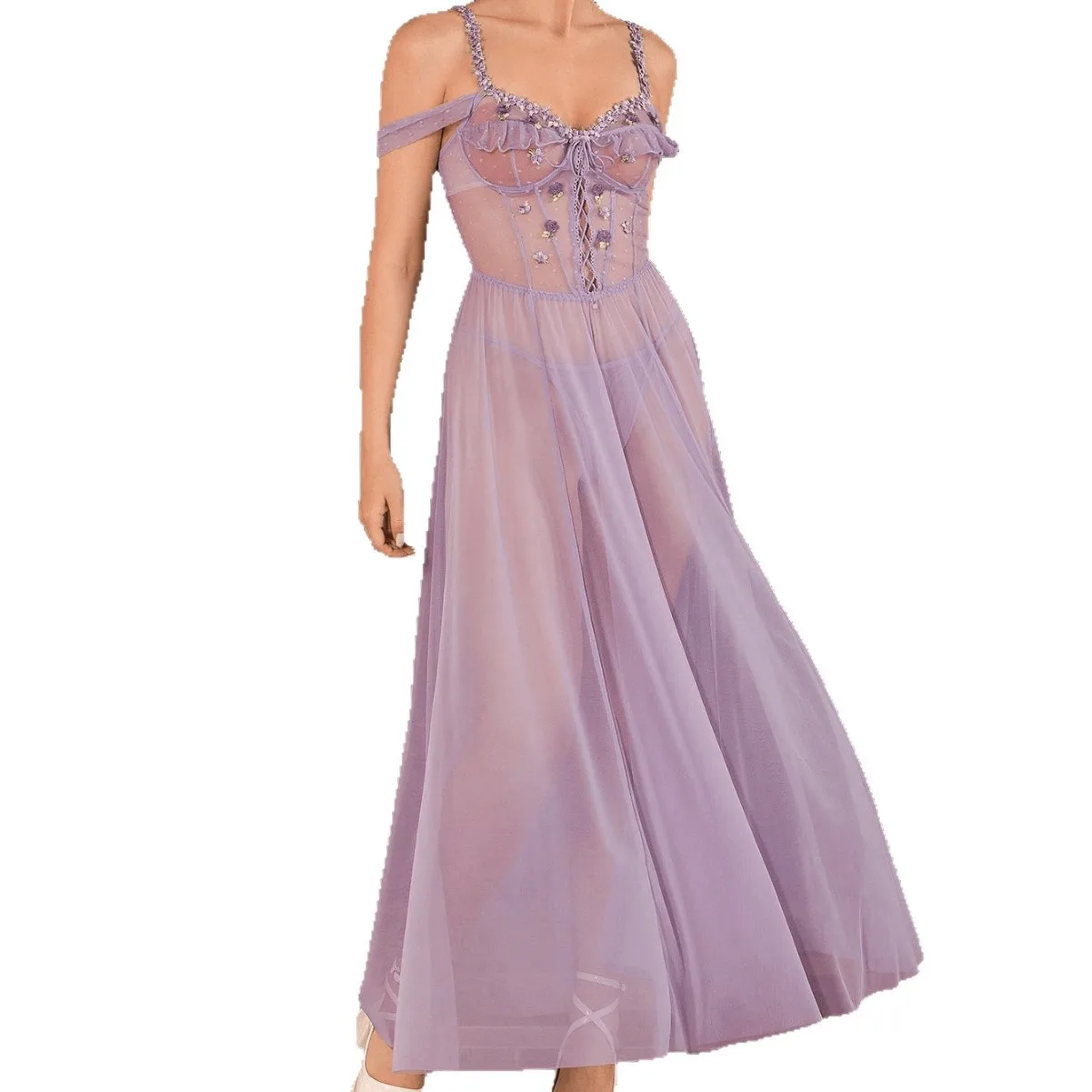 

Whoesale Women's Sexy Spaghetti Strap Lingerie Dress Spicy Night Long Home Dress Thin Transaperant Sleepdress Nightgown