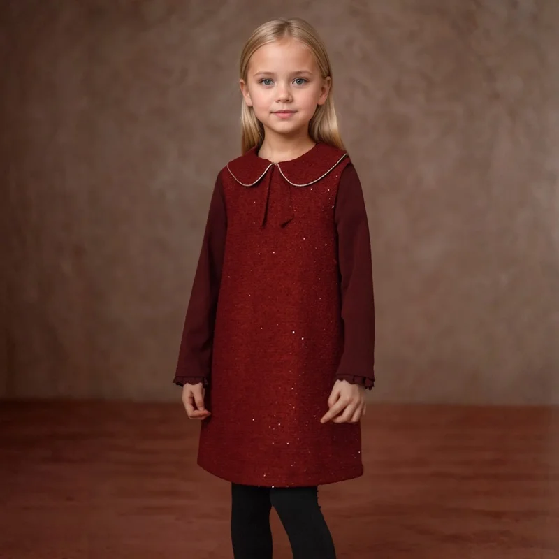 Children's Red Sequins Patchwork Dress Spring  Autumn 2025 New Girls' Retro Style Lace Sleeveless Vest Skirt