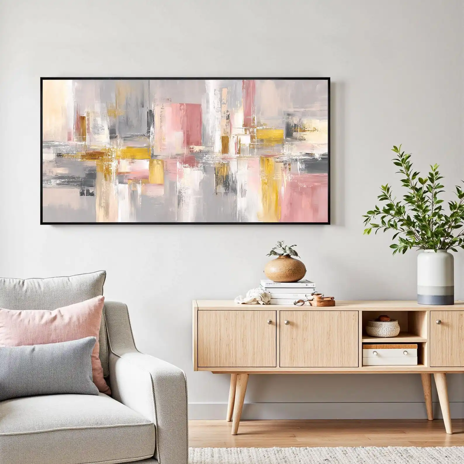 Mhemyo Original Abstract Pale Pink And Gray Oil Painting Contemporary Calm Home Room Wall Art Decor Hand-Painted Dreamy Artwork