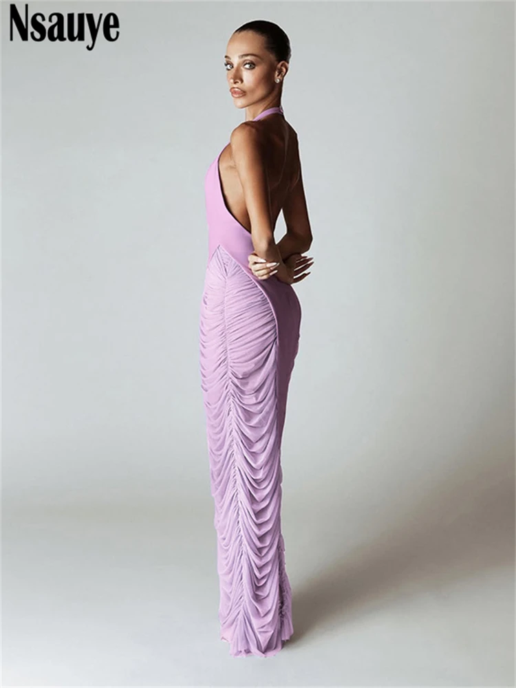 Nsauye Donna Sexy Elegante Sera Vacanza Festa Night Club Maxi Abito Lungo Maglia Increspato Estate Taglio Basso Abito Senza Maniche 2025