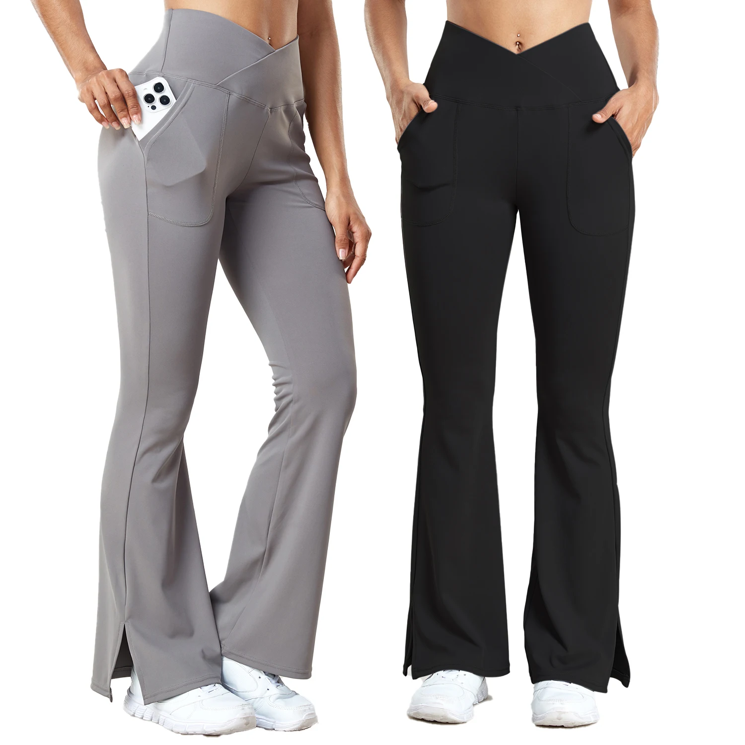 

V-образные расклешенные брюки с разрезом, женские леггинсы с карманами, однотонные повседневные брюки с высокой талией в простом стиле, повседневные офисные эластичные леггинсы