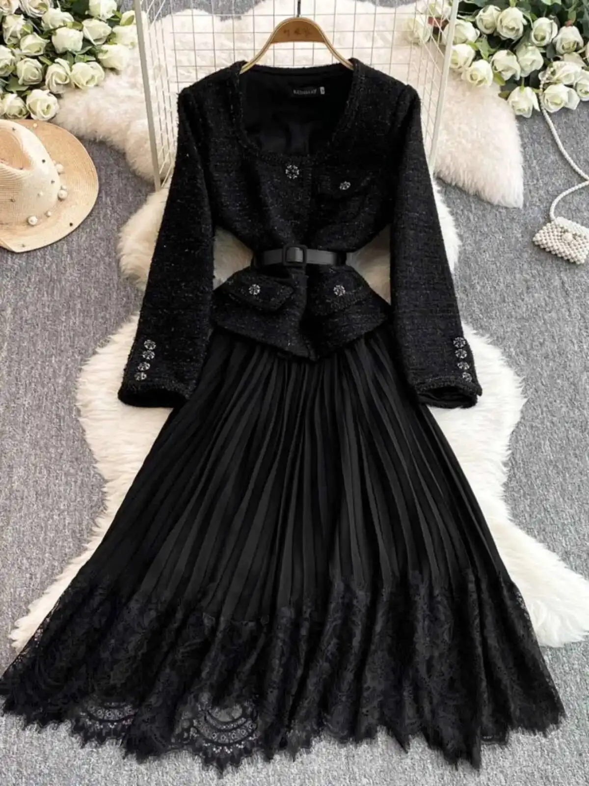 Hepburn elegante longo tweed vestidos femininos outono cinto de cristal plissado chiffon rendas festa vestidos luxo robe ocasião formal